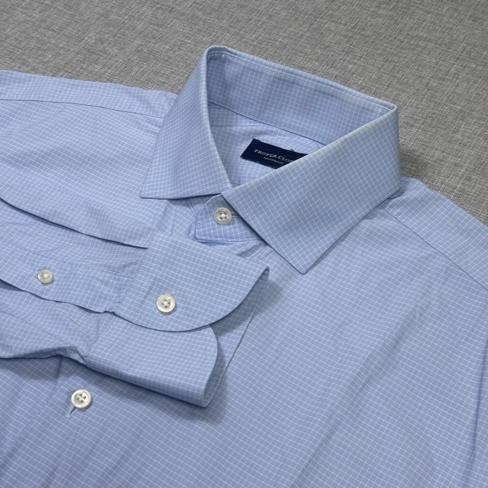 Proper Cloth Dress Shirt Mens 16.5 Blue Check Point Collar Regular Fit